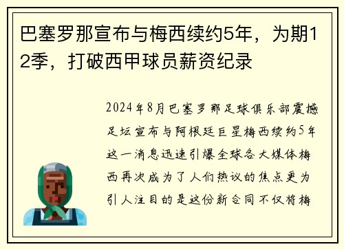 巴塞罗那宣布与梅西续约5年，为期12季，打破西甲球员薪资纪录