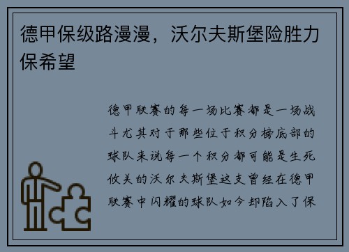 德甲保级路漫漫，沃尔夫斯堡险胜力保希望